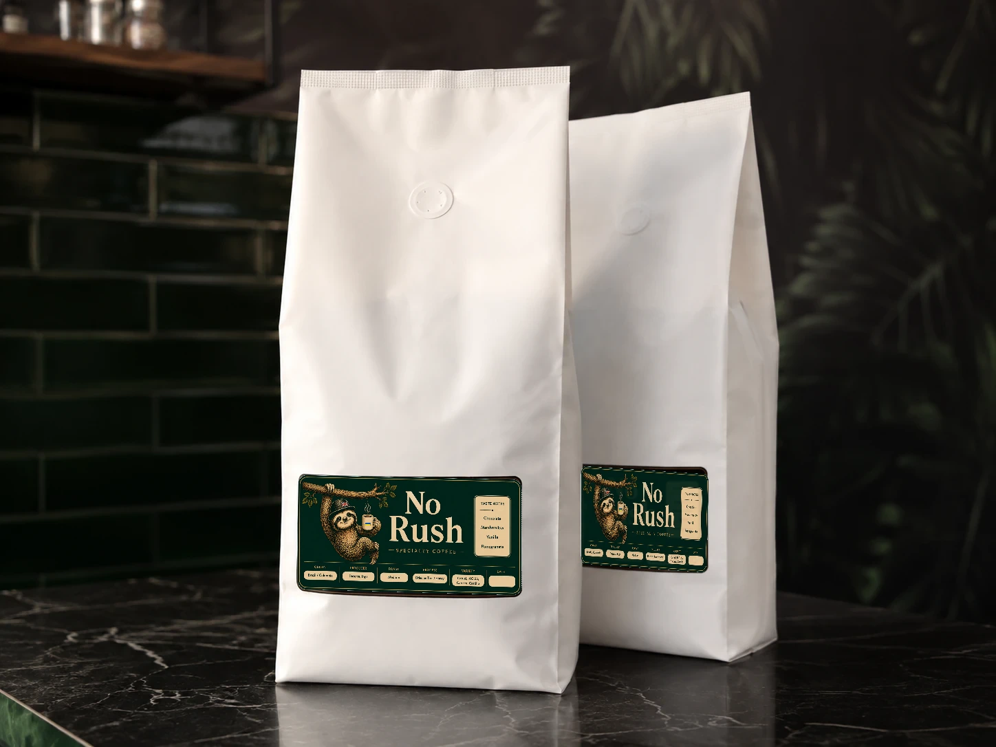 White bags of No Rush house blend with our original sloth label, available at the café